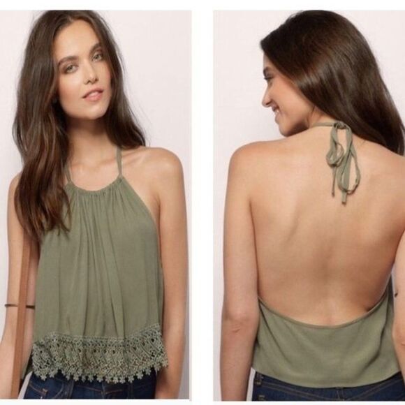 Tobi Tops - TOBI Lace Trim Halter Tank Top Olive Green